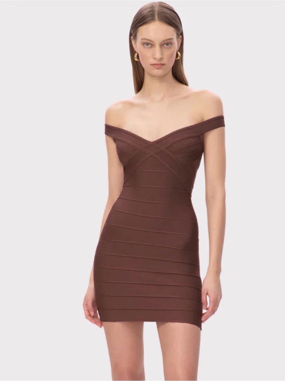 NWT Herve Leger Off‑Shoulder Bandage Mini Dress in Chocolate Brown (M)